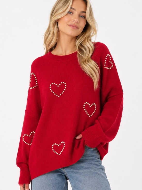 Vince Camuto Sweaters - Vince Camuto Red Knit Sweater with Pearl Heart-shaped Embellishments | Size XL